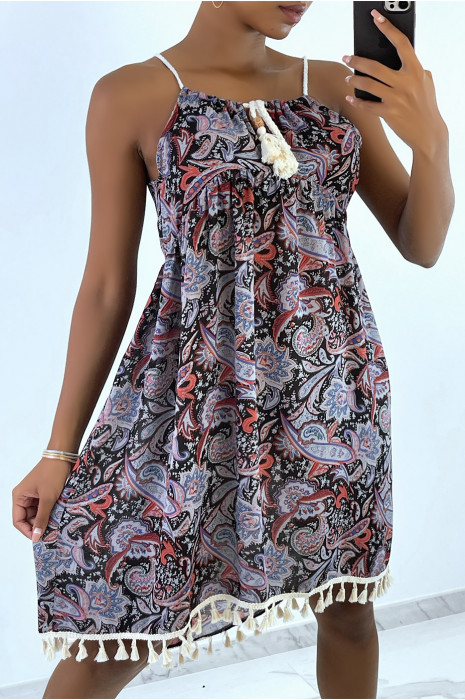 Black patterned dress with lace and tassel strap - 2