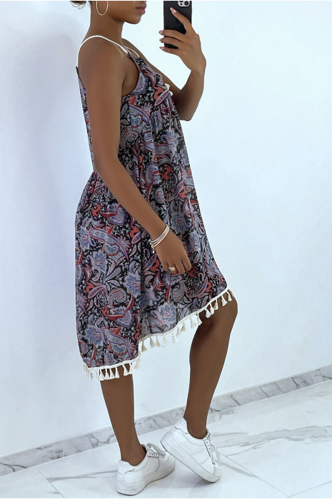 Black patterned dress with lace and tassel strap - 4