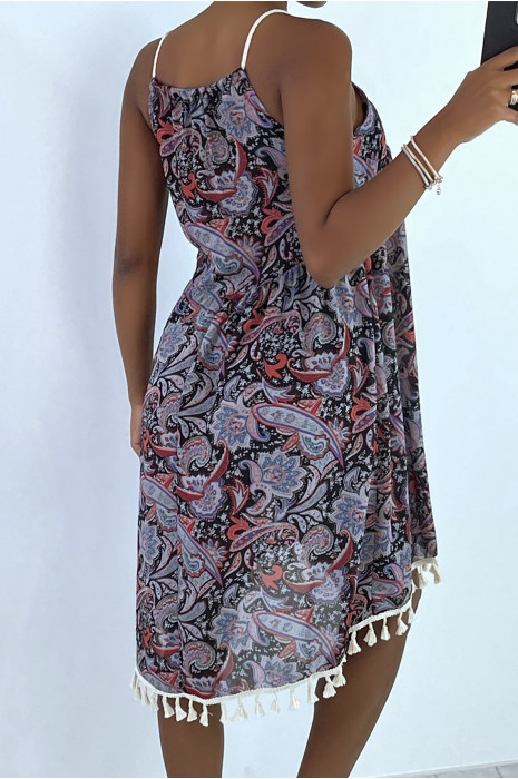 Black patterned dress with lace and tassel strap - 5