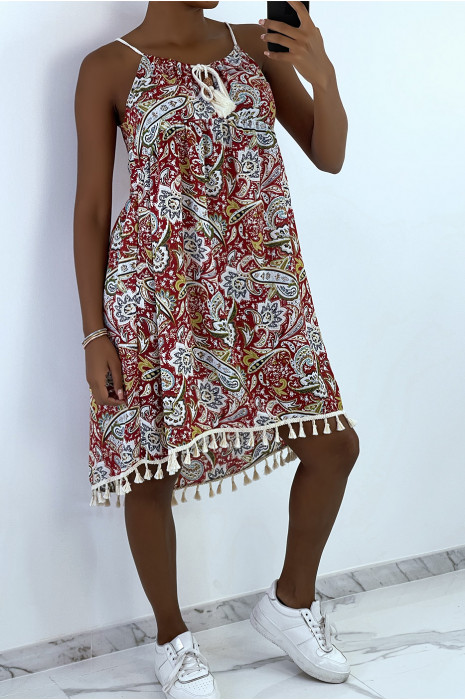 Robe rouge à motif avec bretelle lacet et pompon - 1