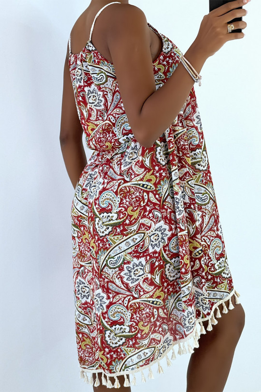 Red patterned dress with lace and tassel strap - 4