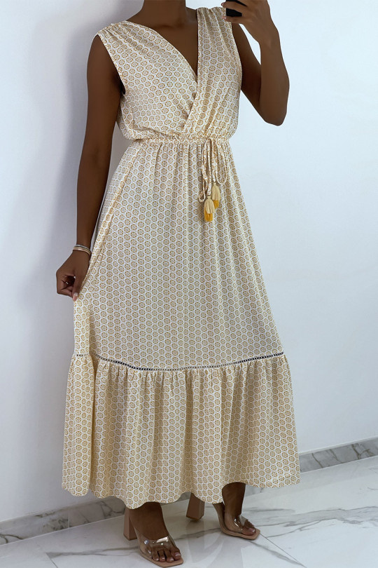 Lange gekruiste jurk in beige met patroon en kant - 2