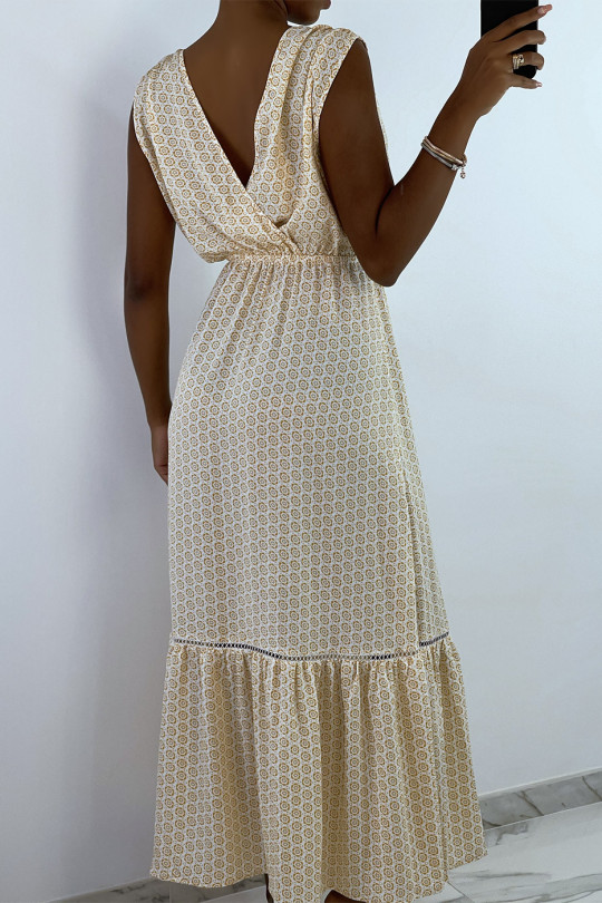 Lange gekruiste jurk in beige met patroon en kant - 4