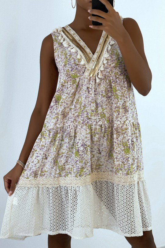 Beige summer dress with colorful print and crochet bohemian style - 5