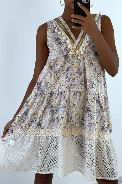 Blue bohemian crochet colorful print summer dress - 6