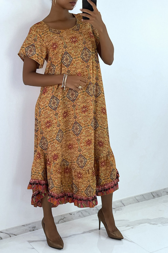 Mustard long dress with short sleeves and colorful print - 1