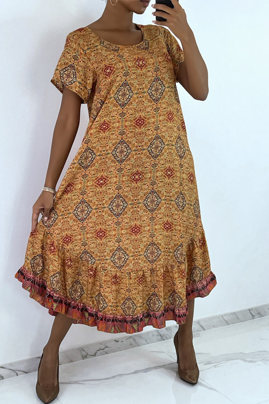 Mosterd lange jurk met korte mouwen en kleurrijke print - 2