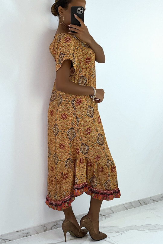 Mosterd lange jurk met korte mouwen en kleurrijke print - 4