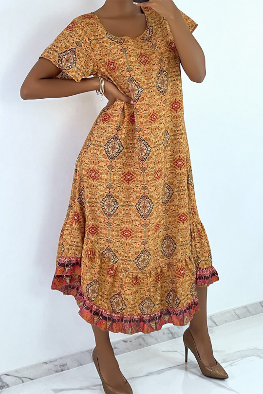Mosterd lange jurk met korte mouwen en kleurrijke print - 5