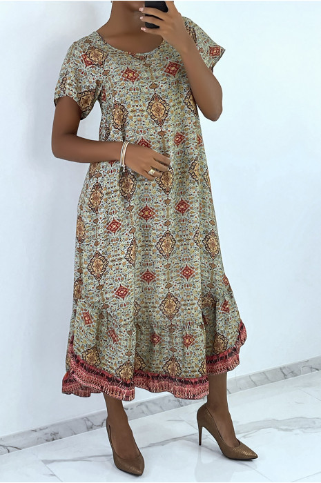 Long green dress with short sleeves and colorful print - 1