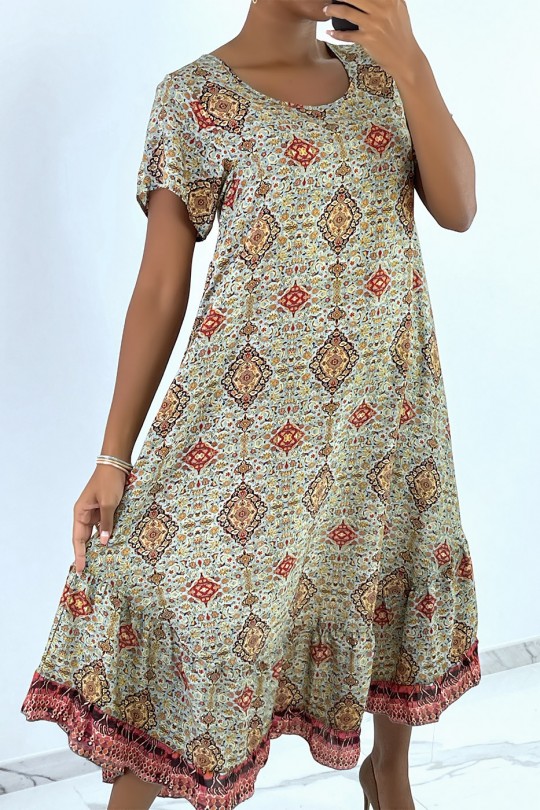 Long green dress with short sleeves and colorful print - 3