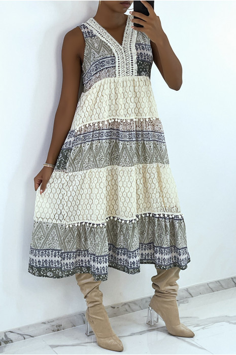 Green crochet print bohemian maxi dress - 1