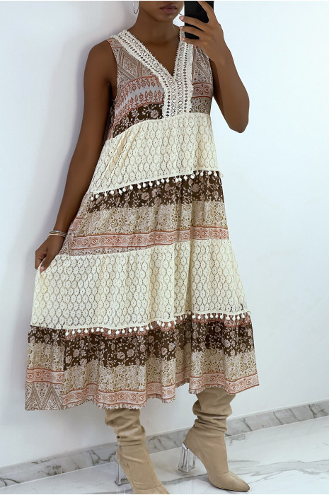 Robe longue beige style bohème à imprimé et crochet - 2