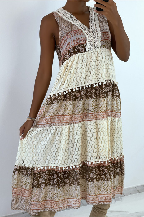 Lange beige jurk in bohemian stijl met print en haakpatroon - 3