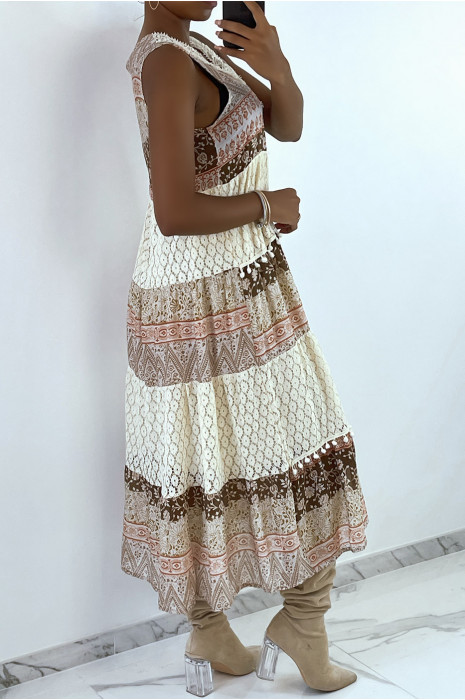 Lange beige jurk in bohemian stijl met print en haakpatroon - 5