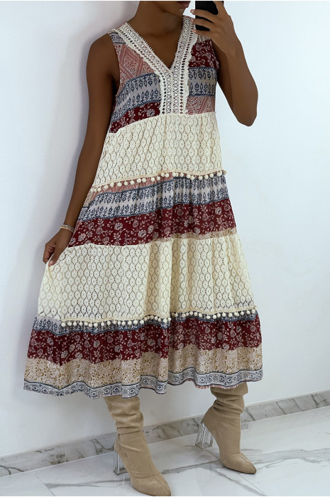 Robe longue bordeaux style bohème à imprimé et crochet - 1
