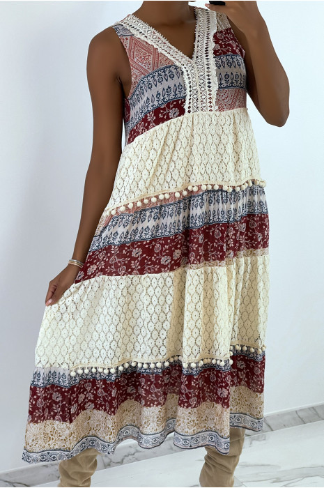 Robe longue bordeaux style bohème à imprimé et crochet - 2