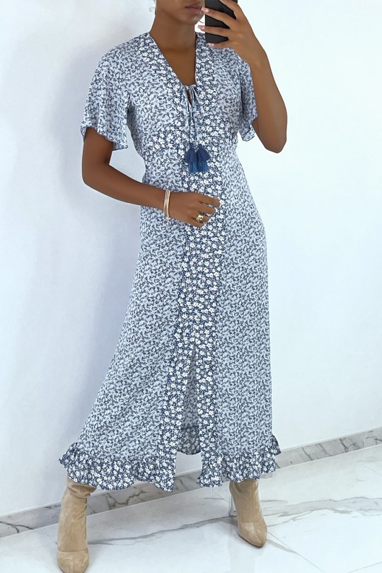 Long blue liberty pattern dress with slit and flounce - 6