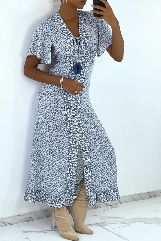 Long blue liberty pattern dress with slit and flounce - 7
