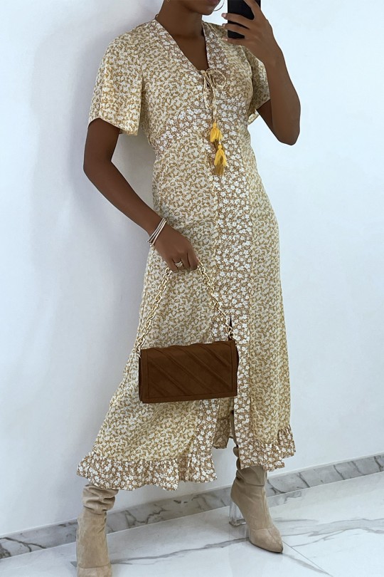 Long beige liberty pattern dress with slit and flounce - 6