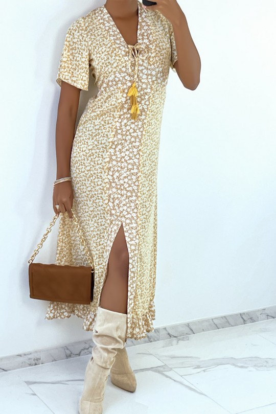 Long beige liberty pattern dress with slit and flounce - 8