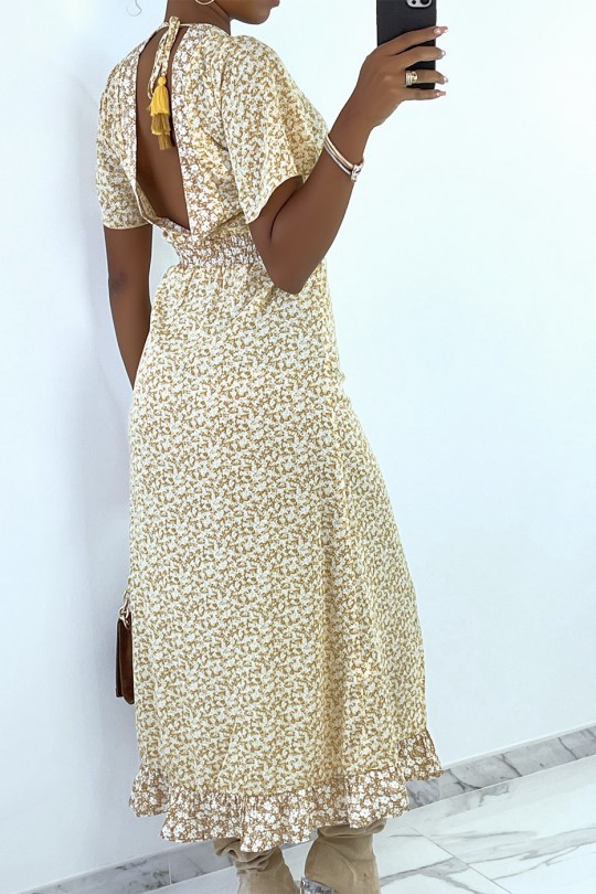 Long beige liberty pattern dress with slit and flounce - 10