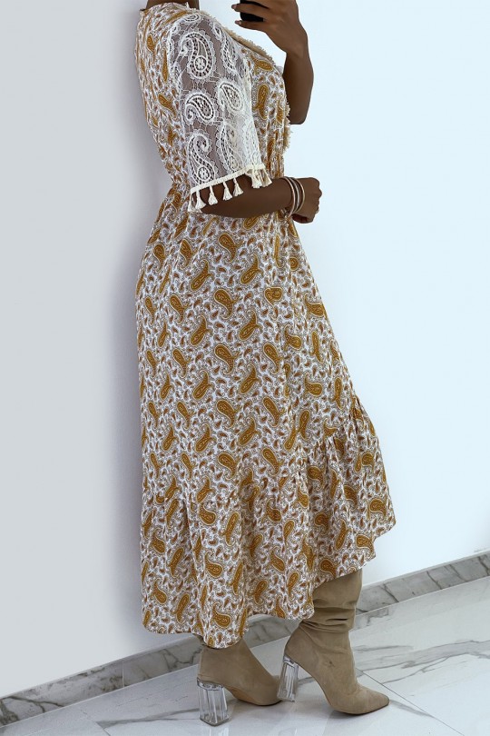 Lange beige jurk met kant en patroon - 2