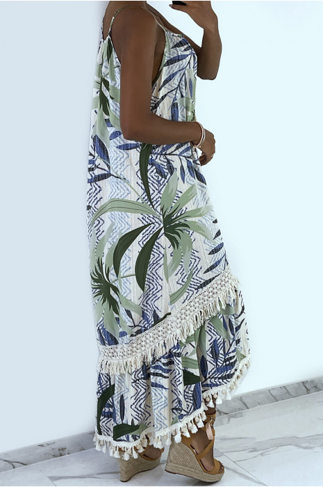 Long suspender dress with green pattern with lace and pompom - 4