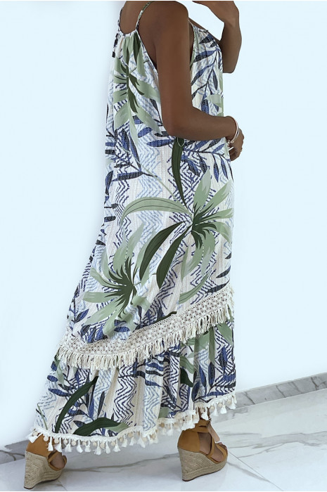 Longue robe bretelle à motif vert avec dentelle et pompon - 10