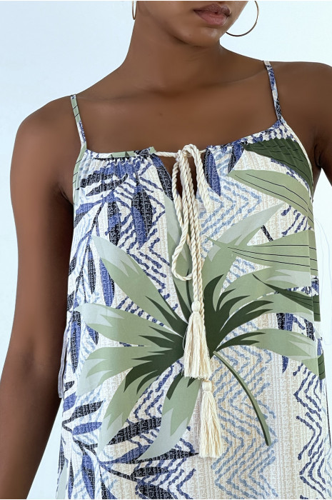 Longue robe bretelle à motif vert avec dentelle et pompon - 11