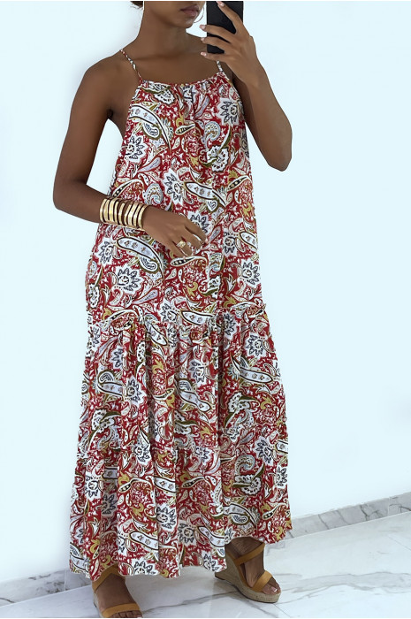 Long and fluid red dress with colorful prints and thin straps - 1