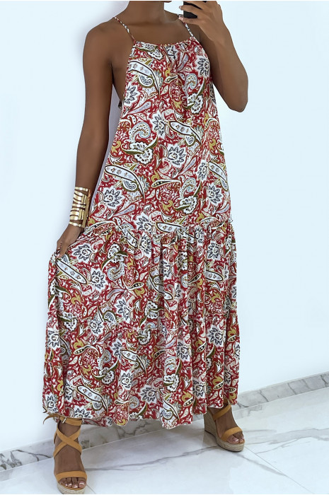Long and fluid red dress with colorful prints and thin straps - 2