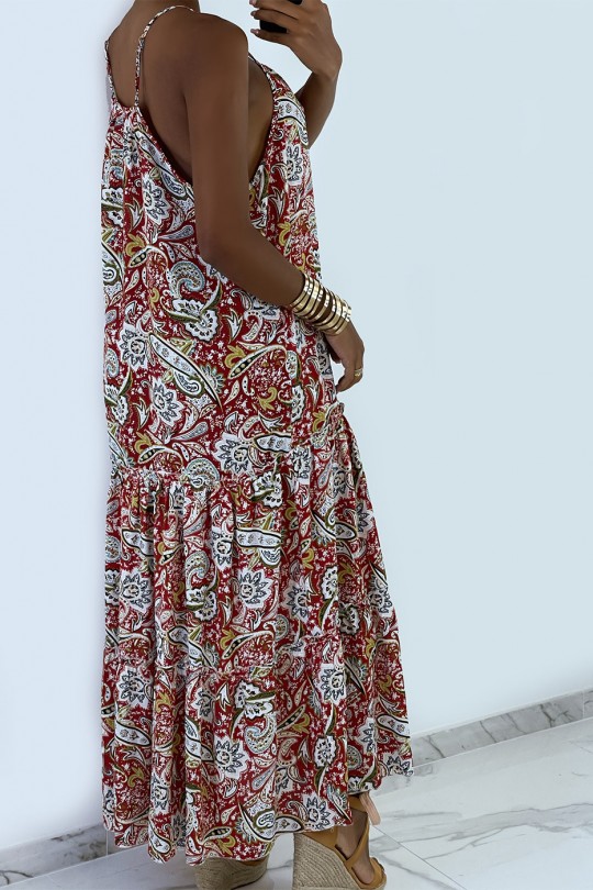 Long and fluid red dress with colorful prints and thin straps - 4