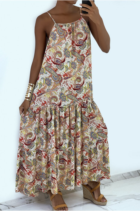 Long and fluid beige dress with colorful prints and thin straps - 2