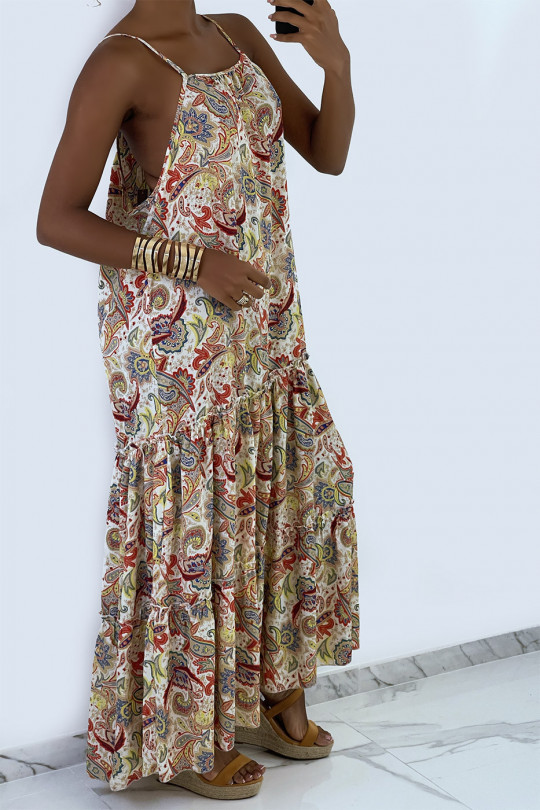 Long and fluid beige dress with colorful prints and thin straps - 3