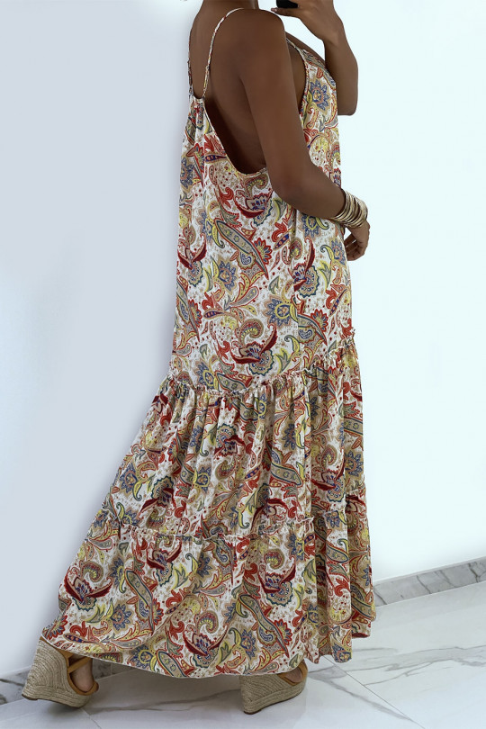 Long and fluid beige dress with colorful prints and thin straps - 5