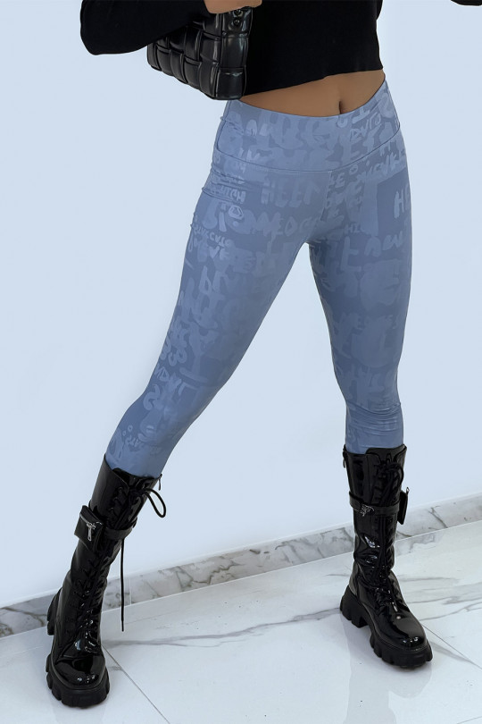 Blue leggings with 3D effect writing. New generation leggings - 2