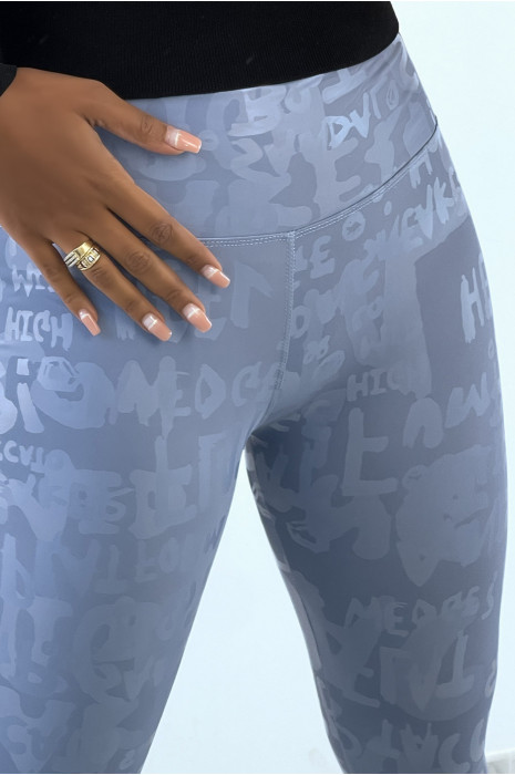 Blue leggings with 3D effect writing. New generation leggings - 3