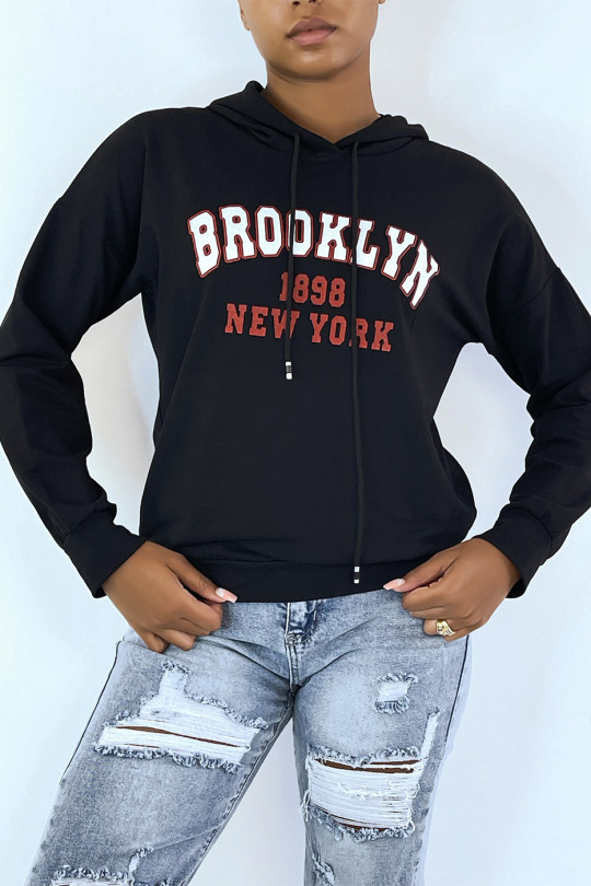 Sweat à capuche noir avec écriture BROOKLYN 898 NEW YORK - 1