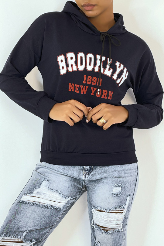 Marineblauwe hoodie met opschrift BROOKLYN 898 NEW YORK - 1