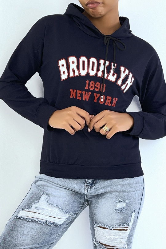 Marineblauwe hoodie met opschrift BROOKLYN 898 NEW YORK - 2