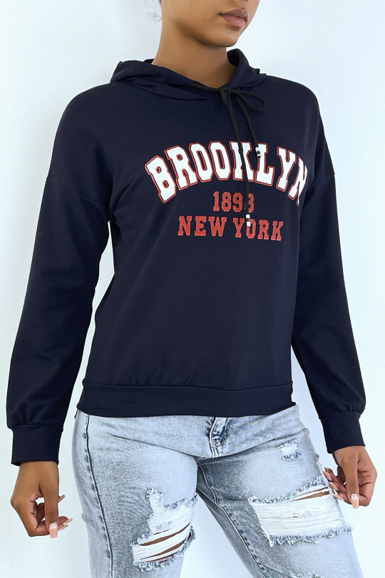 Marineblauwe hoodie met opschrift BROOKLYN 898 NEW YORK - 3