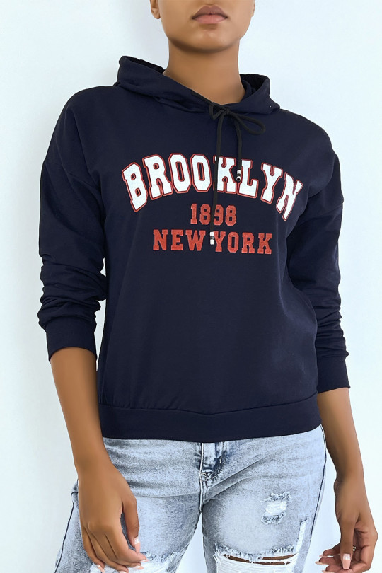 Marineblauwe hoodie met opschrift BROOKLYN 898 NEW YORK - 4