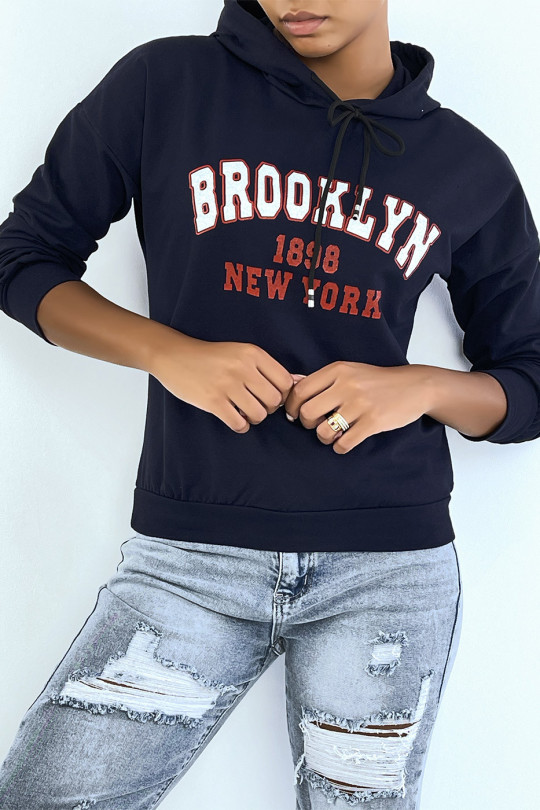 Marineblauwe hoodie met opschrift BROOKLYN 898 NEW YORK - 5