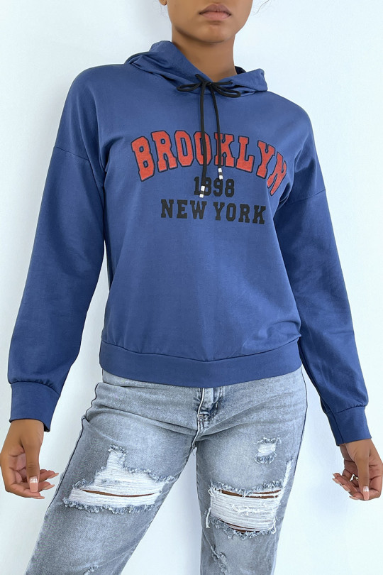Sweat à capuche indigo avec écriture BROOKLYN 898 NEW YORK - 1
