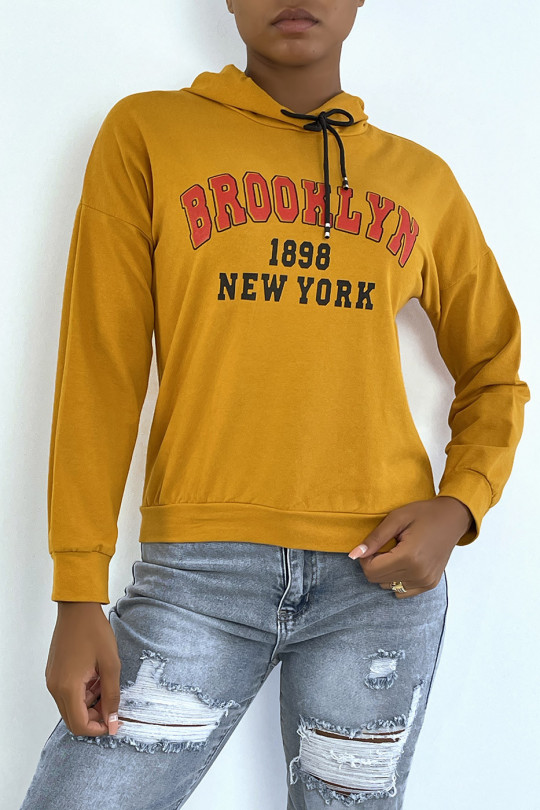 Mosterdkleurige hoodie met opschrift BROOKLYN 898 NEW YORK - 1