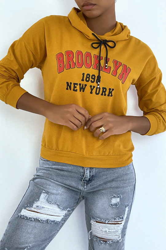 Mosterdkleurige hoodie met opschrift BROOKLYN 898 NEW YORK - 2