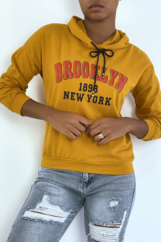 Mosterdkleurige hoodie met opschrift BROOKLYN 898 NEW YORK - 3