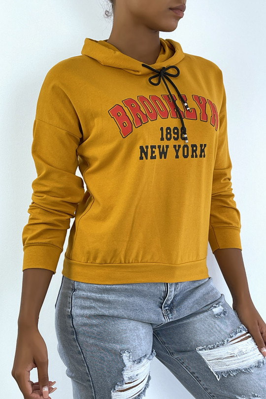 Mosterdkleurige hoodie met opschrift BROOKLYN 898 NEW YORK - 4