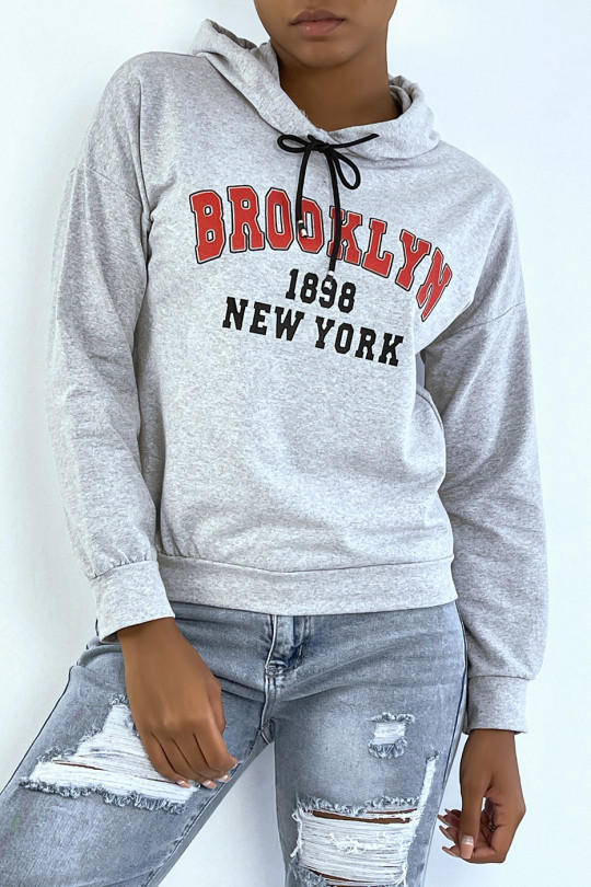 Grijze hoodie met opschrift BROOKLYN 898 NEW YORK - 1